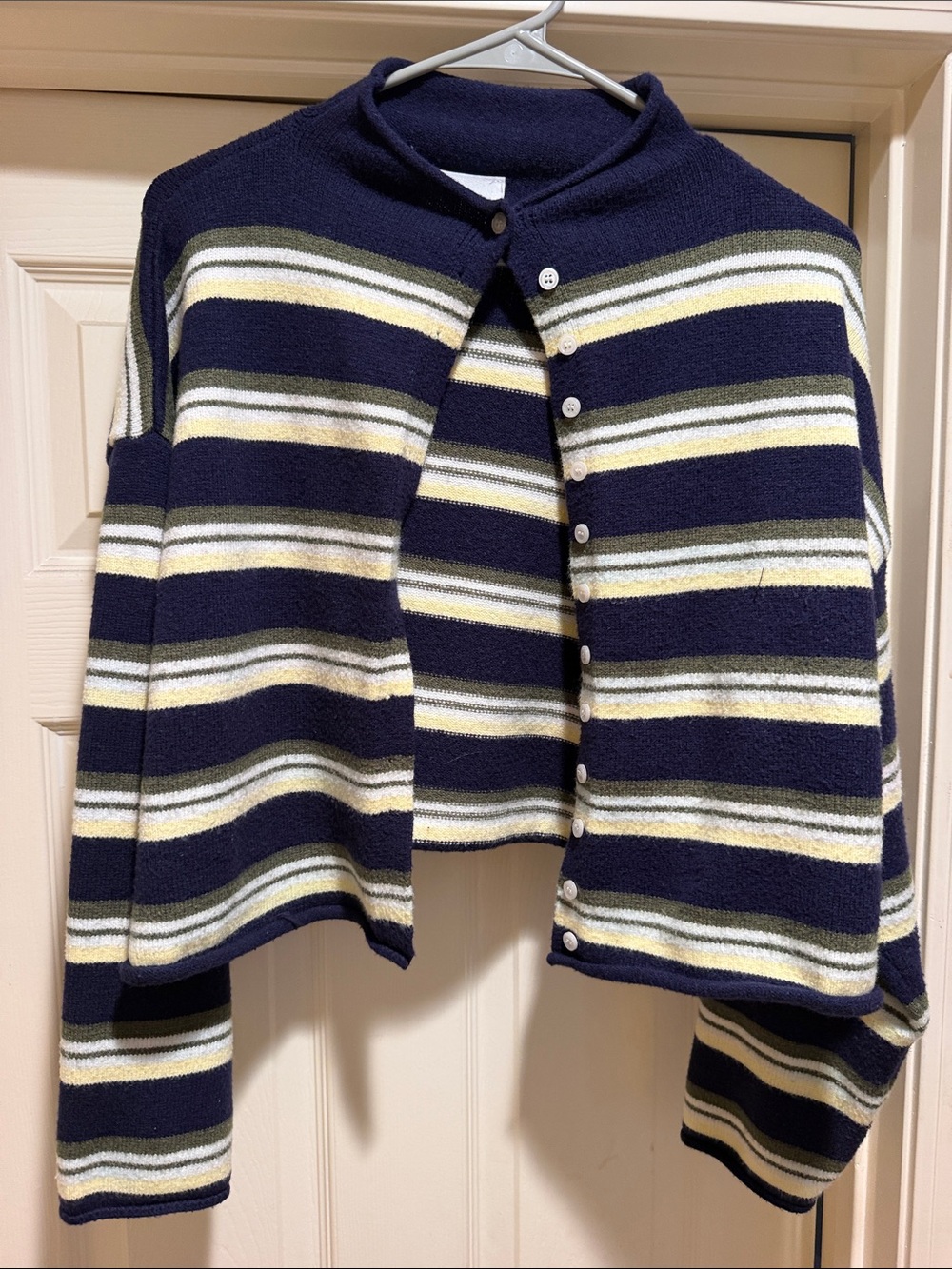 Le Lis Navy, Olive and Cream Striped Button-Up Cardigan